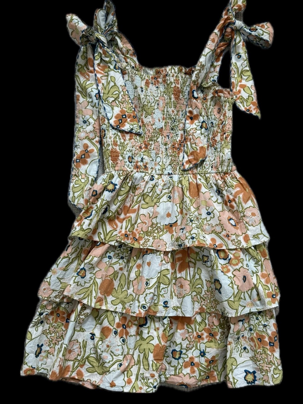 Cleobella Floral Tie-Shoulder Tiered Dress in Peach, Green, White